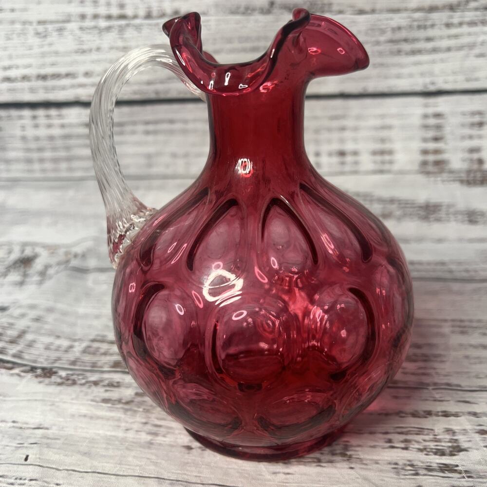 Vintage Fenton Cranberry Red Thumbprint Glass Pitcher with Flared Rim 6.5" Tall